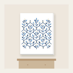 Navy Trellis and Leaf Pattern Canvas Print in white: A repeating trellis of fine lines and small leaves in navy, sky blue and cream.