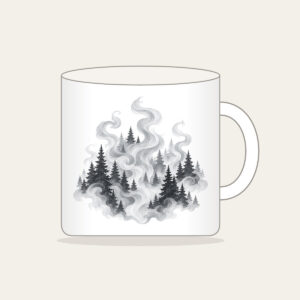 Campfire Smoke Curls Through Pines Mug in white: Wisps of smoke curl upward between dark pine silhouettes in muted greys.