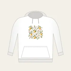 Golden Pears and Blush Blossoms Hoodie in white: Small golden pears, blush blossoms and sage leaves scatter across an airy white ground.