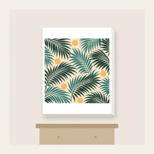 Palm Frond Shadows on Sand Canvas Print in white: A repeat of palm frond shadows in teal and deep green on a sandy cream base, with small sun circles.