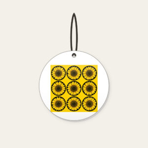 Nine Sunflowers in a Yellow Grid Ceramic Ornament in white: A neat three-by-three grid of nine sunflower circles in black and golden lines on a yellow ground.