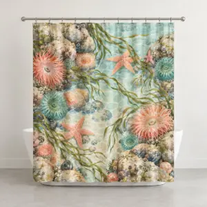 Tidepool Garden Shower Curtain with a tidepool of anemones, starfish and sea grass in coral, teal and sand over a pale aqua ground