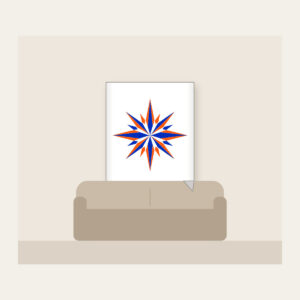 Cobalt Starburst Pattern Fleece Blanket in white: A starburst pattern in cobalt and orange over a cream field.