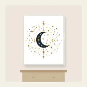 Gilded Constellations and Crescent Moons Canvas Print in white: Cream and gold constellations and crescent moons drift across a deep navy sky.