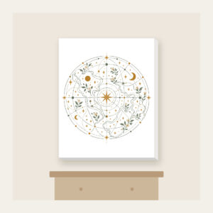 Map Lines with Blooms and Stars Canvas Print in white: Winding map lines carry small blooms and stars in sage, cream and ochre.