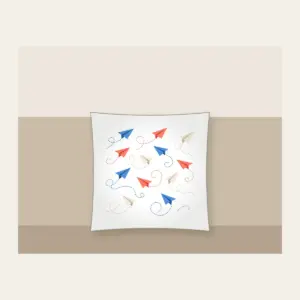 Paper Planes on Dotted Trails Pillow in white: Little paper planes trail dotted paths in blue, coral and cream.