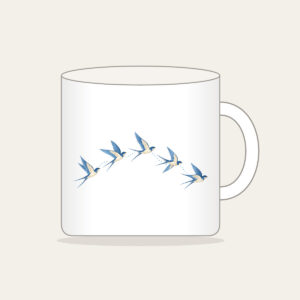 Five Swallows in a Gentle Arc Mug in white: Five swallows in cream and sky blue fly in an arc along a fine dotted trail.