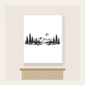 Pine Tree Line and Crescent Moon Canvas Print in white: A single-tone pine tree in line drawing with a small moon curled around it.