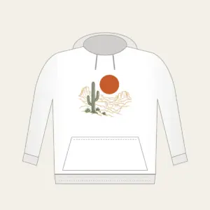 Desert Sun and Canyon Lines Hoodie in white: A rust-orange sun disc over sparse canyon contour lines and one sage cactus silhouette, flat screen look.