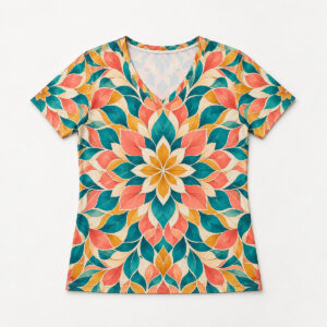 Petal Kaleidoscope V-Neck Tee with all-over symmetrical petal mosaics in coral, teal, mustard and cream
