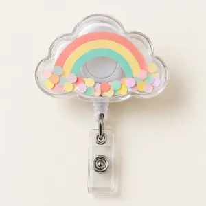 Confetti Cloud Shaker Badge Reel with a cloud-shaped clear shaker window with tiny pastel confetti and a printed rainbow arc in coral, butter yellow and mint