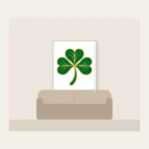 Gold-Edged Clover Leaf Fleece Blanket in white: A flat clover leaf in green and gold sits inside a thin border line.