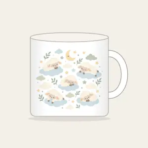 Sleepy Sheep and Clouds Mug in white: Small clouds and sleeping sheep in cream, pale blue and sage on a light field.