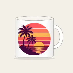 Palm Trees Against a Striped Sunset Mug in white: Palm trees stand against a striped sunset in coral, plum and gold.