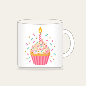 Candlelit Cupcake with Sprinkles Mug in white: A cupcake with a lit candle and scattered sprinkles in pink, mint and gold.
