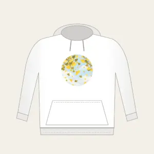 Falling Ginkgo Leaves Hoodie in white: Ginkgo leaves drift down in butter yellow and olive across a pale, pastel sky.