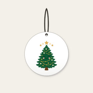 Little Pine and Five Stars Ceramic Ornament in white: A friendly stylised pine tree with five small stars above it in cream and gold.