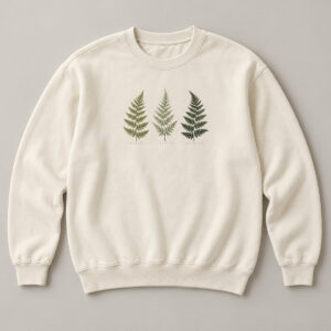 Fern Study Fleece Sweatshirt with small front chest flat printed botanical study of three fern fronds in olive, sage and dark forest green with fine dotted underlines