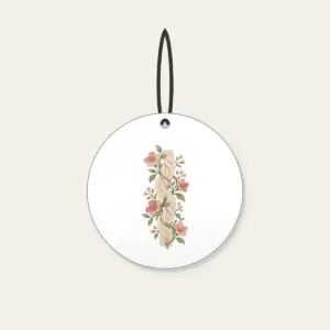Cable Pattern Twined with Little Flowers Ceramic Ornament in white: A flat cable pattern entwined with small flowers in oatmeal, sage and rose.
