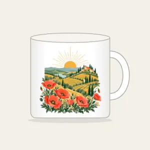 Terraced Hills at Sunrise with Poppies Mug in white: Terraced hills under a rising sun with poppies in the foreground in coral, gold and green.
