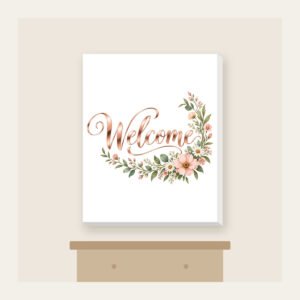 Rose Gold Welcome Wildflower Garland Canvas Print in white: The word “Welcome” in rose gold mirror lettering, with a blush and sage wildflower garland curling into one corner.