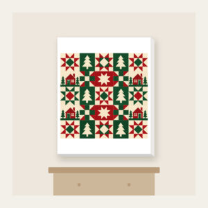 Cabin, Tree and Star Patchwork Canvas Print in white: Patchwork squares hold simple cabin, tree and star motifs in red, cream and green.
