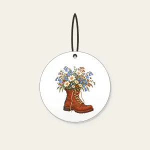 Lace-Up Boot Overflowing with Daisies Ceramic Ornament in white: A lace-up boot spilling daisies and bluebells in cream, sky blue and rust.