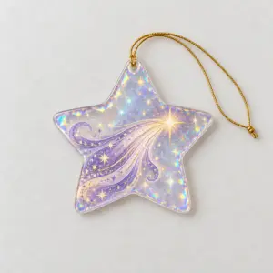 Comet Trail Star Ornament with a comet with a long tail of stardust in lilac and gold across a star-shaped ornament