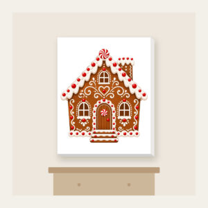 Gingerbread Cottage with Icing Swirls Canvas Print in white: A gingerbread-style cottage with white icing swirls and candy dots in brown, white and red.