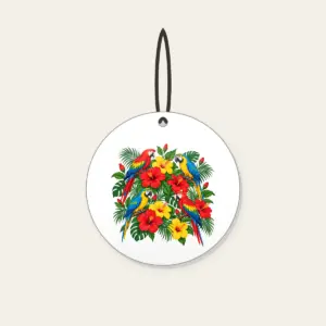 Parrots Among Red Hibiscus Ceramic Ornament in white: Parrots perch among hibiscus flowers in red, green and yellow.