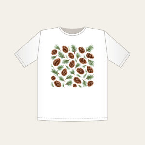 Scattered Pine Cones and Needles T-Shirt in white: Pine cones and needles scatter in brown and green.