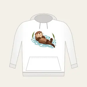 Floating Otter on Teal Ripples Hoodie in white: A cocoa-brown otter floats on its back in teal ripple lines beside two reed leaves.