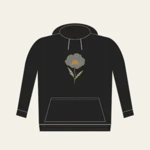 Single Line-Art Poppy Hoodie in black: A cream line-art poppy with two thin leaves and a small ochre center.