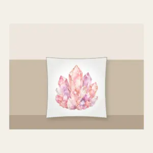 Rose Quartz Crystal Pattern Pillow in white: A rose quartz crystal pattern in blush, lilac and white with fine gold lines.