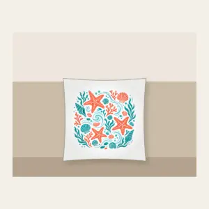 Tide-Pool Starfish Pattern Pillow in white: Starfish, small shells and ripples gather in a tide-pool repeat in coral and teal.