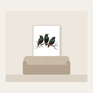 Three Starlings on a Bare Branch Fleece Blanket in white: Three starlings perch on a bare branch in charcoal and iridescent green on a pale ground.