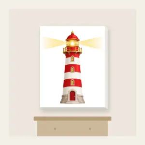 Striped Lighthouse Beam Canvas Print in white: A red and white striped lighthouse sends out a gentle golden beam of light.