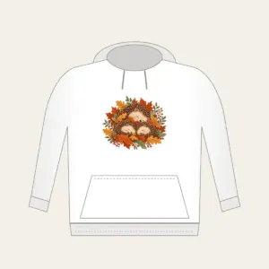Sleeping Hedgehogs in Autumn Leaves Hoodie in white: Little hedgehogs curl up asleep among fallen leaves in brown, rust and sage.
