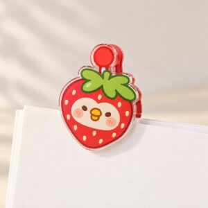 Strawberry Patch Acrylic Binder Clip with strawberry face with tiny cream seeds and a green leafy top in red, green and cream, 2-side printed
