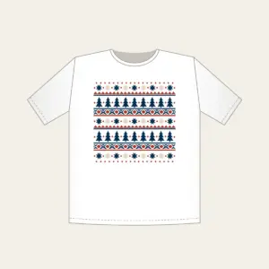 Alpine Star and Pine Border Bands T-Shirt in white: Bands of stars and pine trees in cream, rust and navy, repeating like an alpine border.