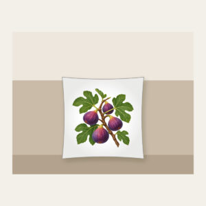 Fig Branch with Plump Purple Figs Pillow in white: A fig branch carrying plump purple figs and broad green leaves on a cream ground.