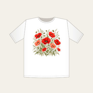 Poppies and Tall Grasses on Cream T-Shirt in white: Red and coral poppies stand among tall olive grasses on a cream ground.