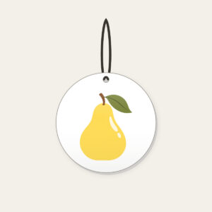Butter Yellow Pear with Olive Leaf Ceramic Ornament in white: A stylized butter-yellow pear with an olive leaf and a small cream highlight, drawn in a clean, rounded outline.