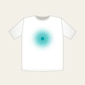 Teal Ripple Rings Fading to White T-Shirt in white: Concentric ripple lines spread in teal and thin out to white.