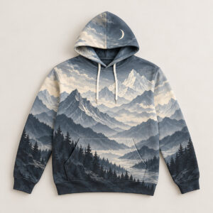 Midweight Slate Peaks Men's All-Over Hoodie with all-over layered peaks in slate, grey and cream with a small crescent moon near the hood