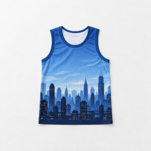 Skyline Kids Jersey Tank with a city skyline silhouette in layered blues with tiny warm lit windows along the hem
