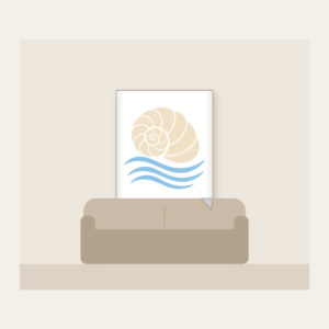 Cream Spiral Shell Over Blue Currents Fleece Blanket in white: A cream spiral shell above three pale-blue flowing current lines.