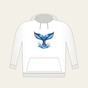 Whale Tail with Prismatic Shimmer Hoodie in white: A whale tail in blue and silver with tiny stars and a prismatic broken-glass shimmer.