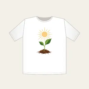 Seedling Reaching for Sunbeams T-Shirt in white: A young seedling stretches toward warm sunbeams in cream, green and brown.