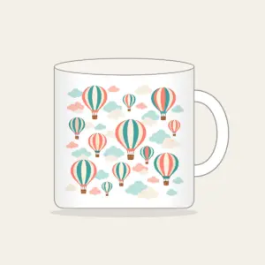 Striped Hot Air Balloons in the Clouds Mug in white: Striped hot air balloons drift through clouds in coral, teal and cream.